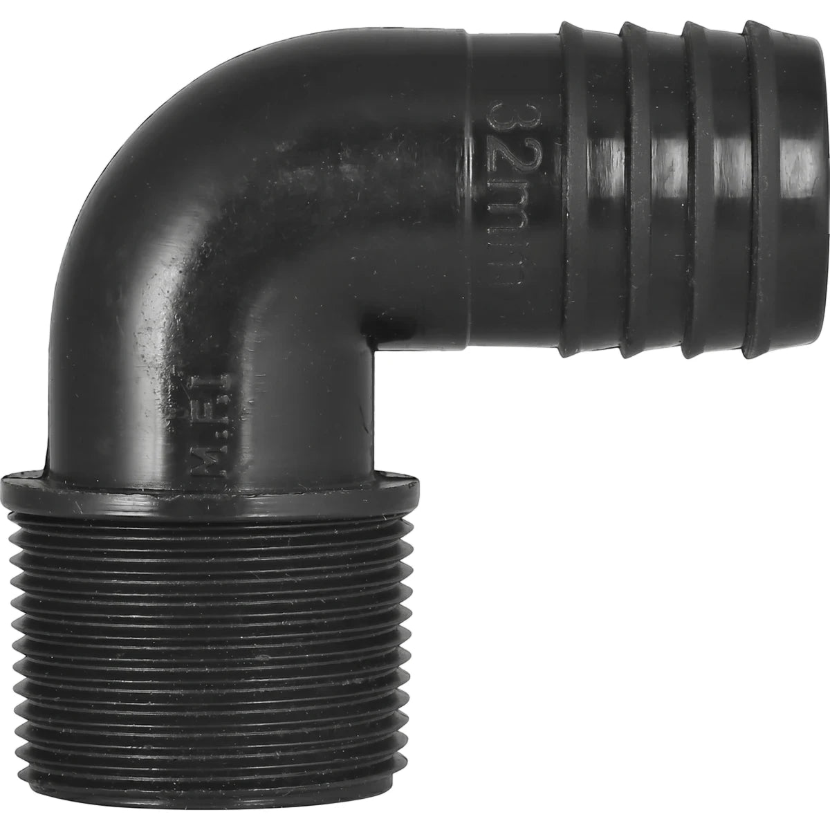 Black plastic 32mm irrigation male elbow pipe fitting with a threaded end and ribbed hose barb connector.