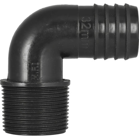 Black plastic 32mm irrigation male elbow pipe fitting with a threaded end and ribbed hose barb connector.