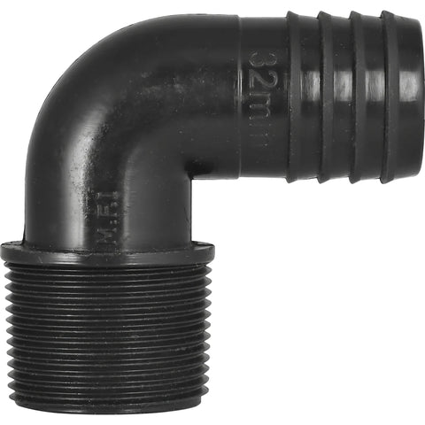Black plastic 32mm irrigation male elbow pipe fitting with a threaded end and ribbed hose barb connector.