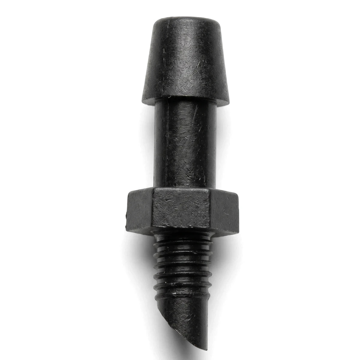 Black plastic 4mm Micro Barb Adapter with a tapered barb on top, hexagonal base, and threaded lower section.
