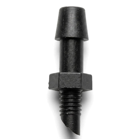 Black plastic 4mm Micro Barb Adapter with a tapered barb on top, hexagonal base, and threaded lower section.
