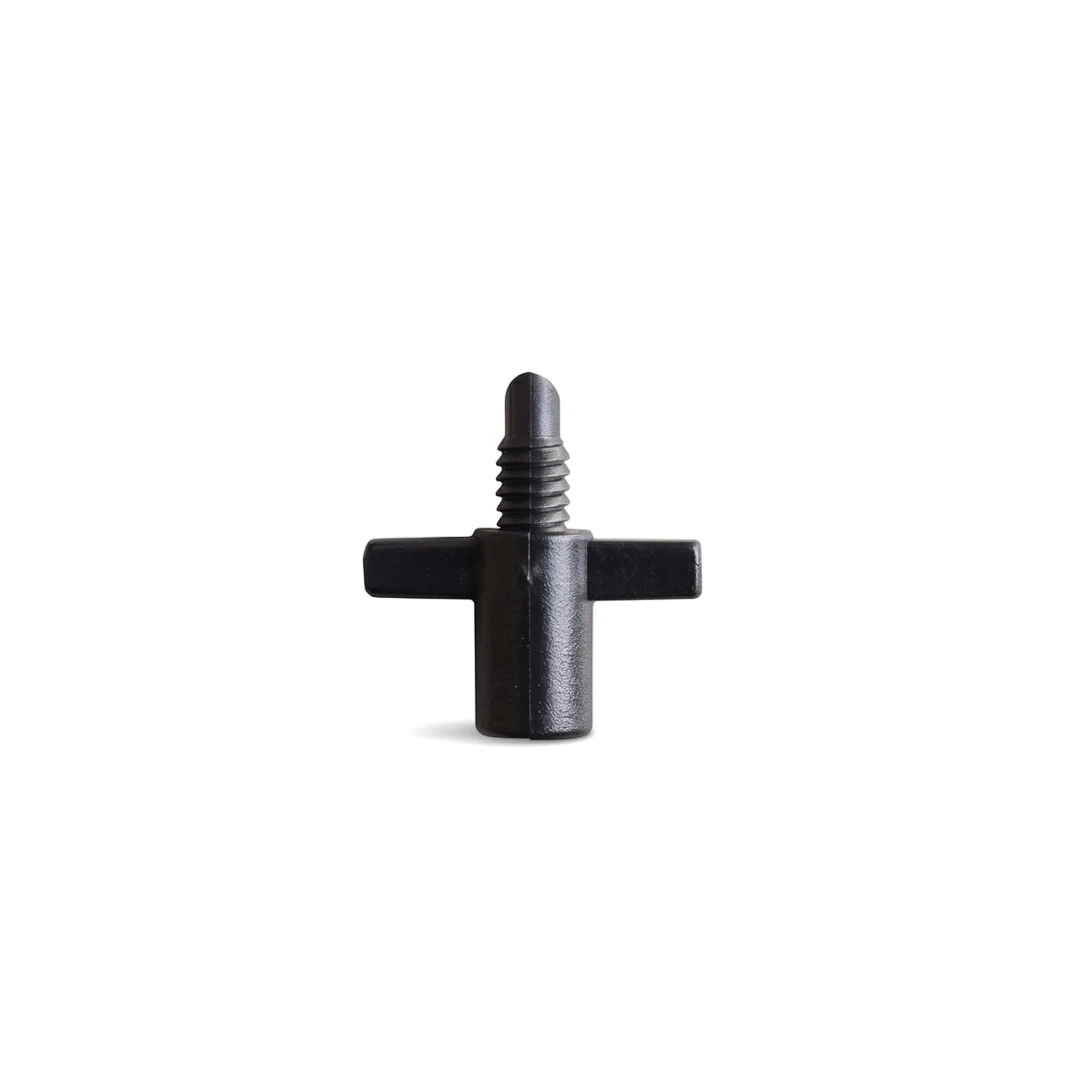 Black plastic 4mm micro conical butterfly screw with a threaded conical head and cross-shaped body, seen from a straight-on