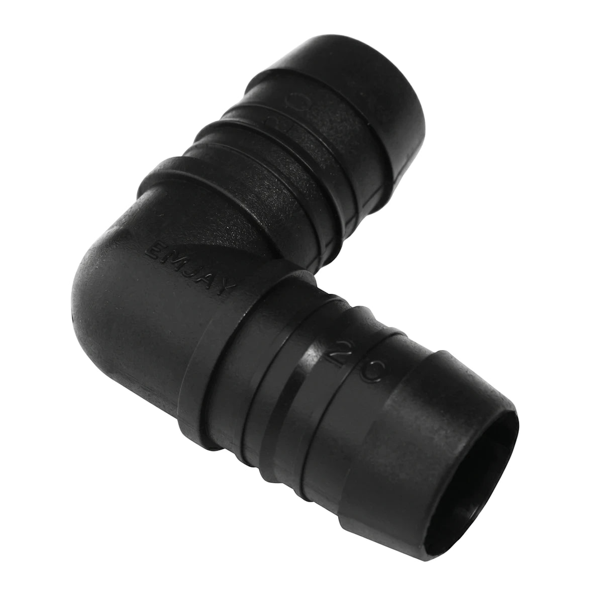 Black plastic 90-degree irrigation elbow connector, 40mm, shown angled on a white background.