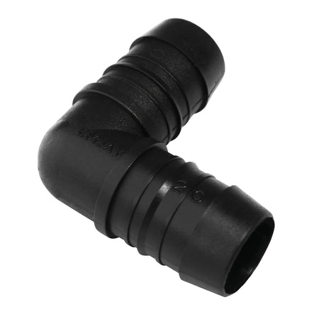 Black plastic 90-degree irrigation elbow connector, 40mm, shown angled on a white background.