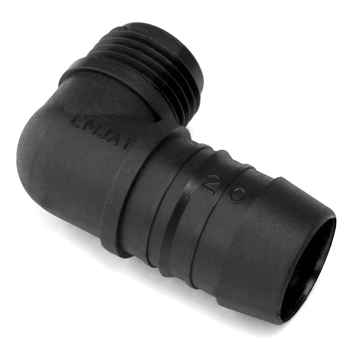 Black plastic 90-degree irrigation male elbow fitting, featuring a threaded end and a barbed end, suitable for a 50mm pipe.