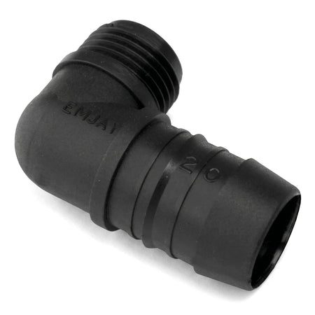 Black plastic 90-degree irrigation male elbow fitting, featuring a threaded end and a barbed end, suitable for a 50mm pipe.