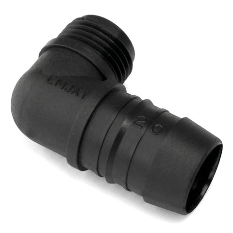 Black plastic 90-degree irrigation male elbow fitting, featuring a threaded end and a barbed end, suitable for a 50mm pipe.