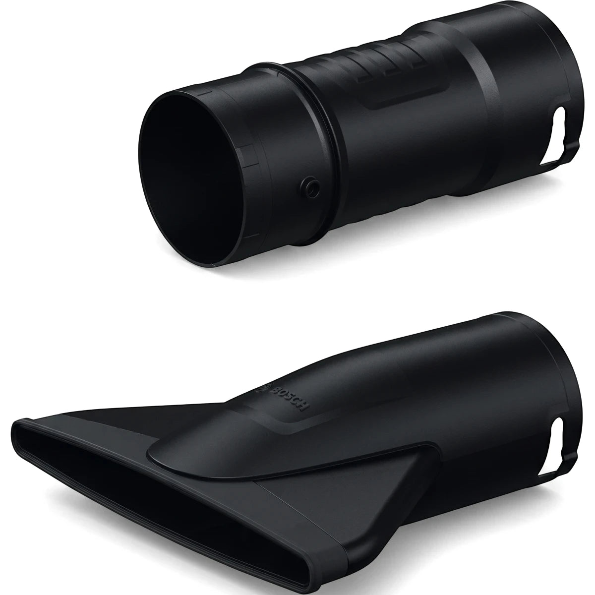 Two black plastic Bosch replacement nozzles for a leaf blower, one cylindrical and one flattened, shown at an angle.
