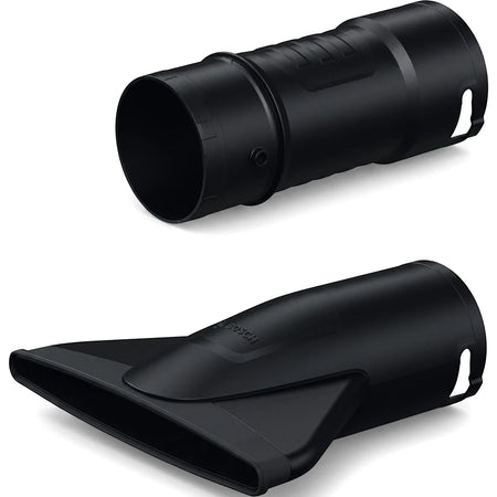 Two black plastic Bosch replacement nozzles for a leaf blower, one cylindrical and one flattened, shown at an angle.
