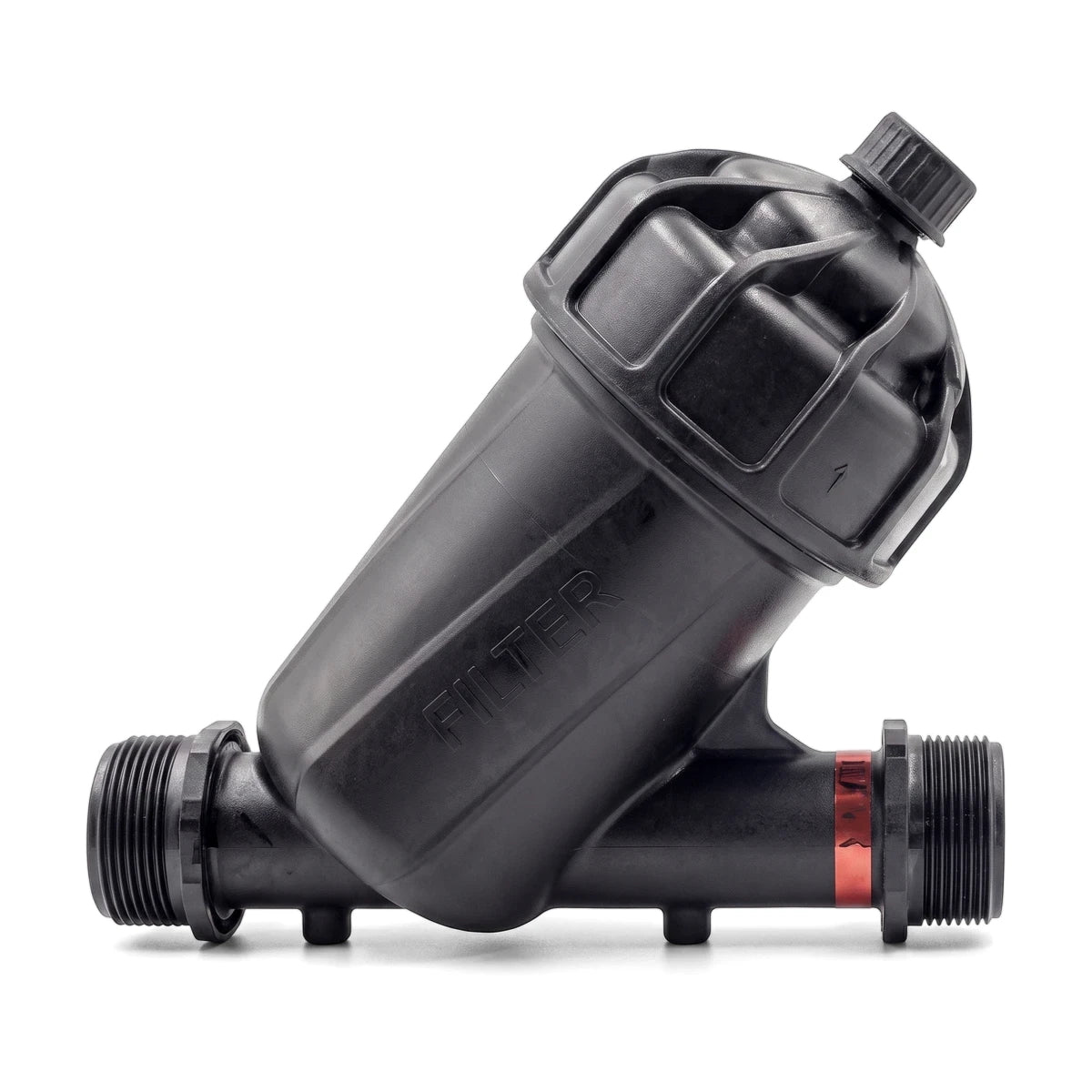 Black plastic inline water filter 130 micron, 40mm, for irrigation or home water systems, shown at an angle.