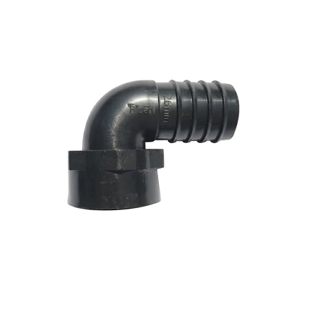 Black plastic irrigation female elbow, 40mm, featuring a 90-degree bend and a ribbed hose barb end for secure pipe