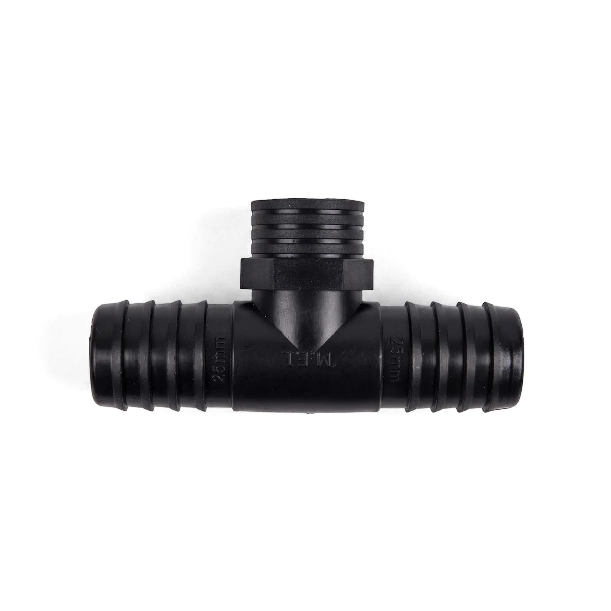 Black plastic T-shaped irrigation female tee for 25mm hoses. Durable fitting with a threaded male connection.
