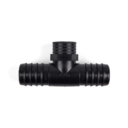 Black plastic T-shaped irrigation female tee for 25mm hoses. Durable fitting with a threaded male connection.