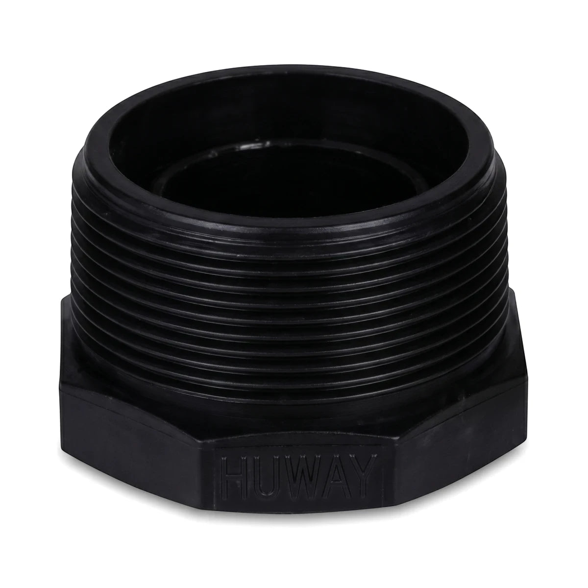 Black plastic irrigation reducing bush, 50mm x 25mm, featuring a threaded design for connecting pipes.