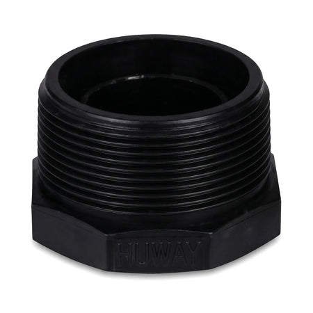 Black plastic irrigation reducing bush, 50mm x 25mm, featuring a threaded design for connecting pipes.