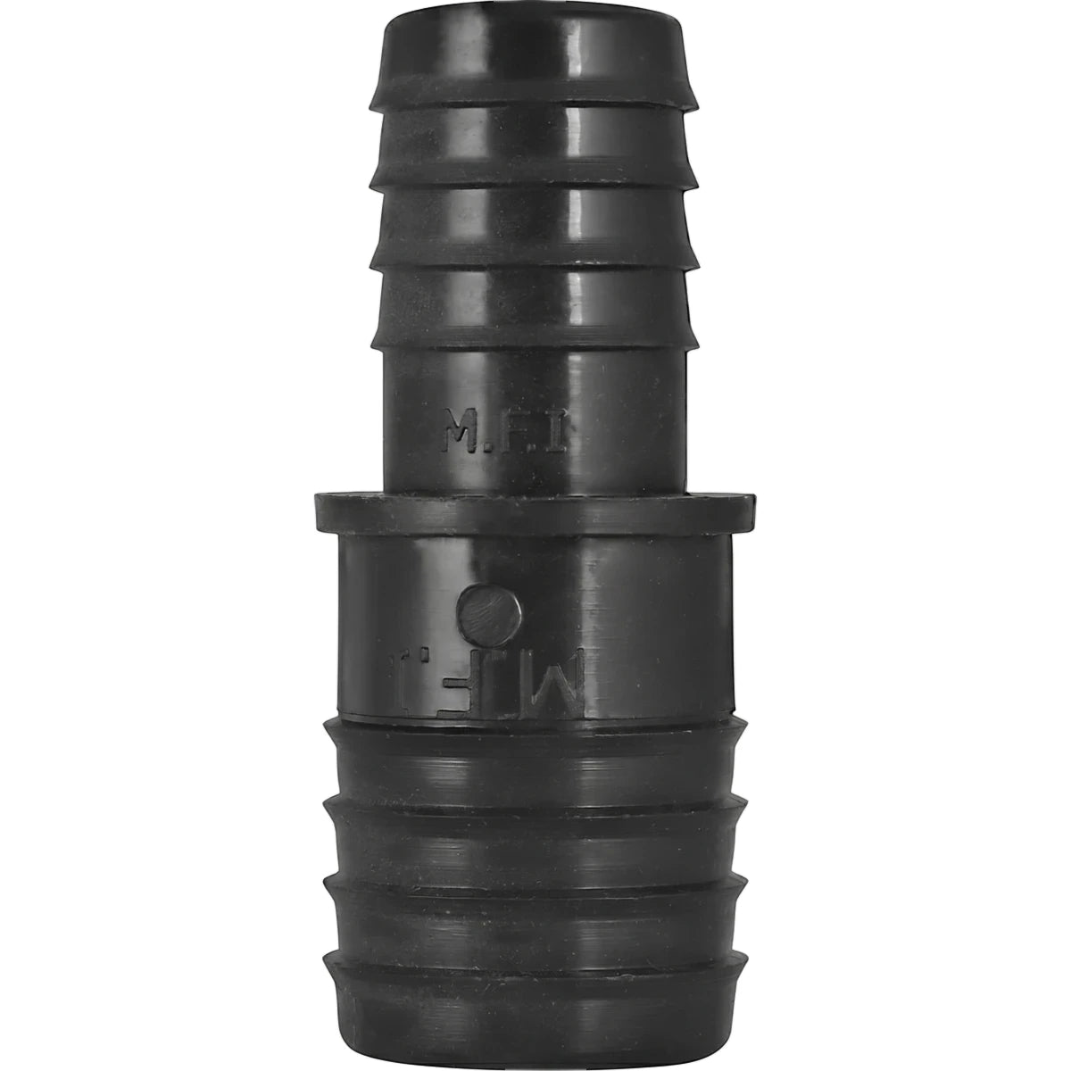 Black plastic irrigation reducing coupling, 32mm x 25mm, with ribbed ends for secure connection.