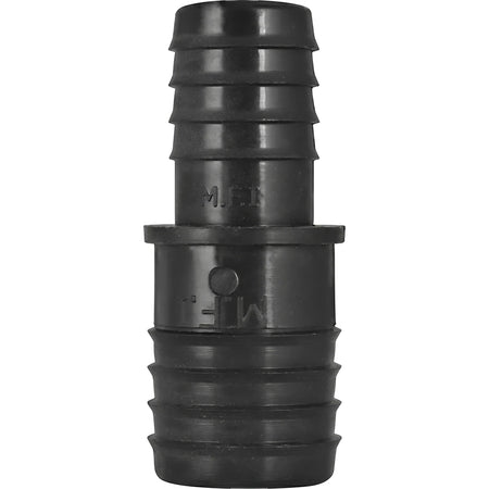Black plastic irrigation reducing coupling, 32mm x 25mm, with ribbed ends for secure connection.