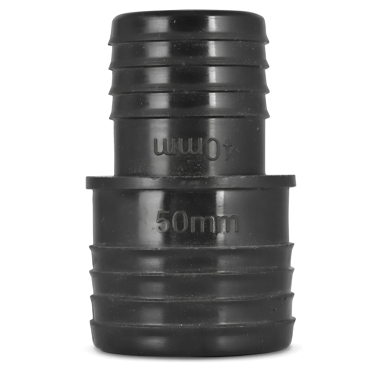 Black plastic irrigation reducing coupling, measuring 50mm x 40mm, shown upright on a white background for plumbing.