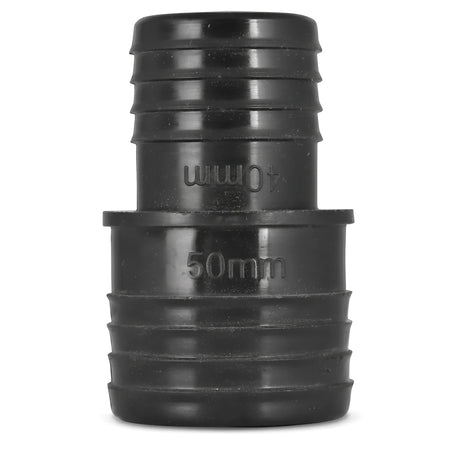 Black plastic irrigation reducing coupling, measuring 50mm x 40mm, shown upright on a white background for plumbing.