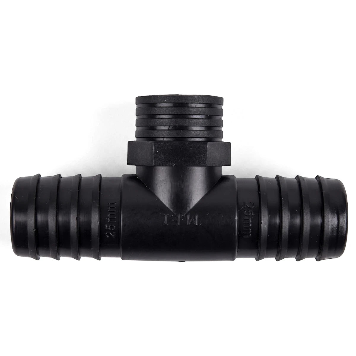 Black plastic irrigation reducing female tee fitting with 25mm ribbed ends and a threaded top port