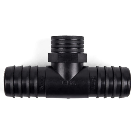 Black plastic irrigation reducing female tee fitting with 25mm ribbed ends and a threaded top port