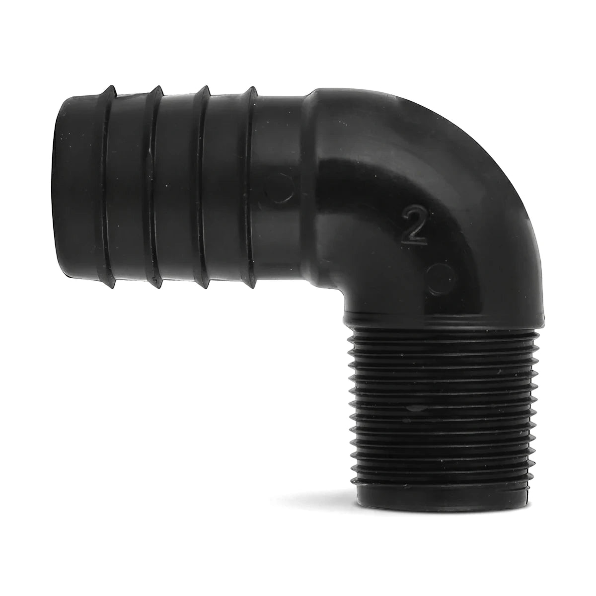 Black plastic 25mm x 20mm irrigation reducing male elbow fitting, featuring a barbed and threaded 90-degree design.