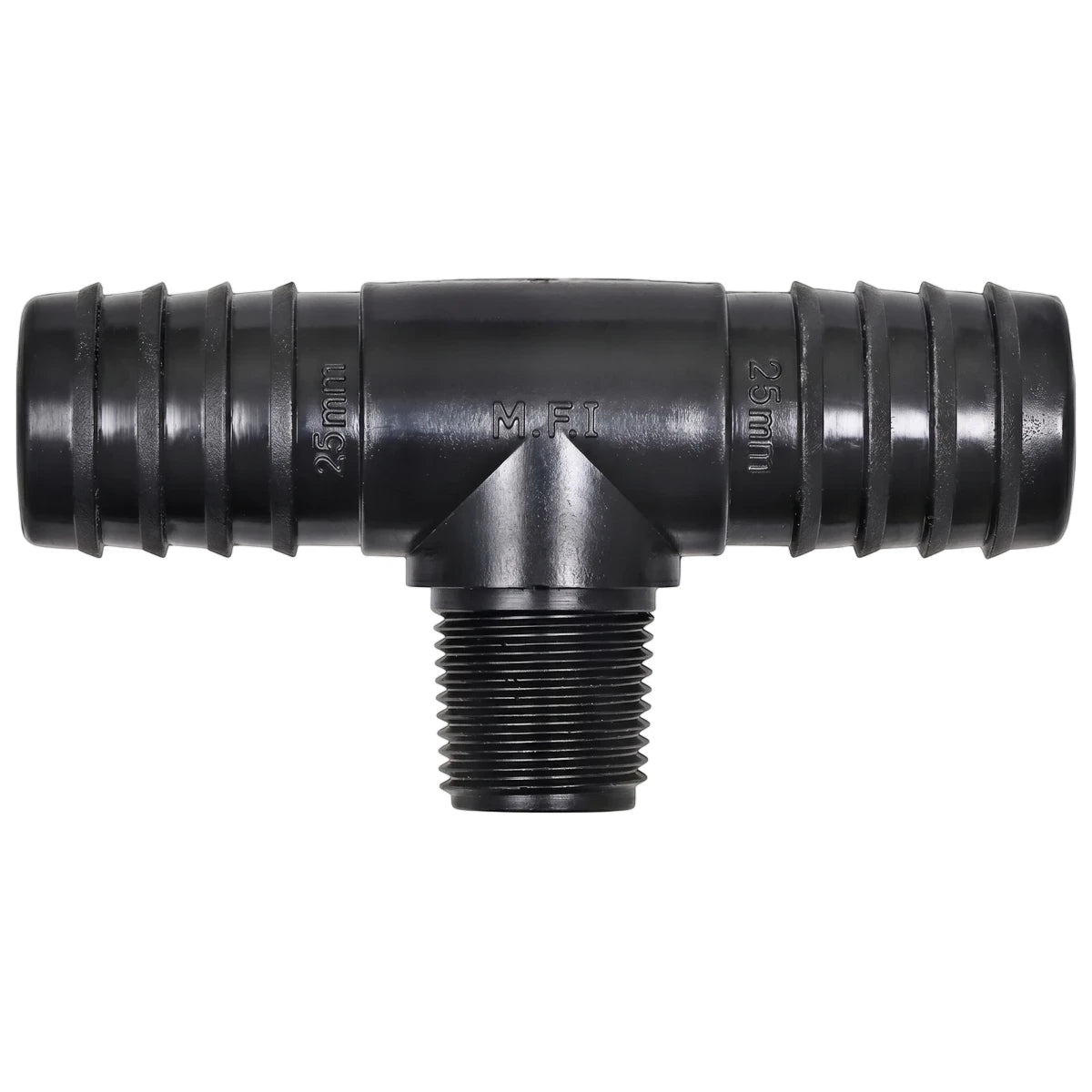Black plastic irrigation reducing male tee with 25mm barbed ends and a threaded outlet for plumbing systems.