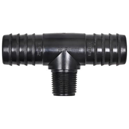 Black plastic irrigation reducing male tee with 25mm barbed ends and a threaded outlet for plumbing systems.