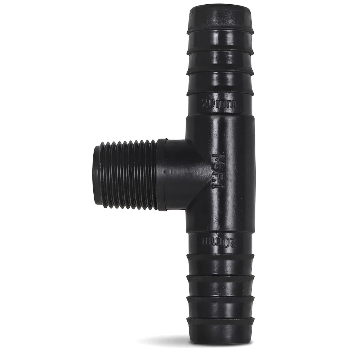Black plastic irrigation reducing male tee fitting with 20mm barbed ends and a 15mm male threaded connection