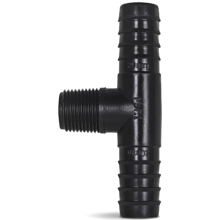 Black plastic irrigation reducing male tee fitting with 20mm barbed ends and a 15mm male threaded connection