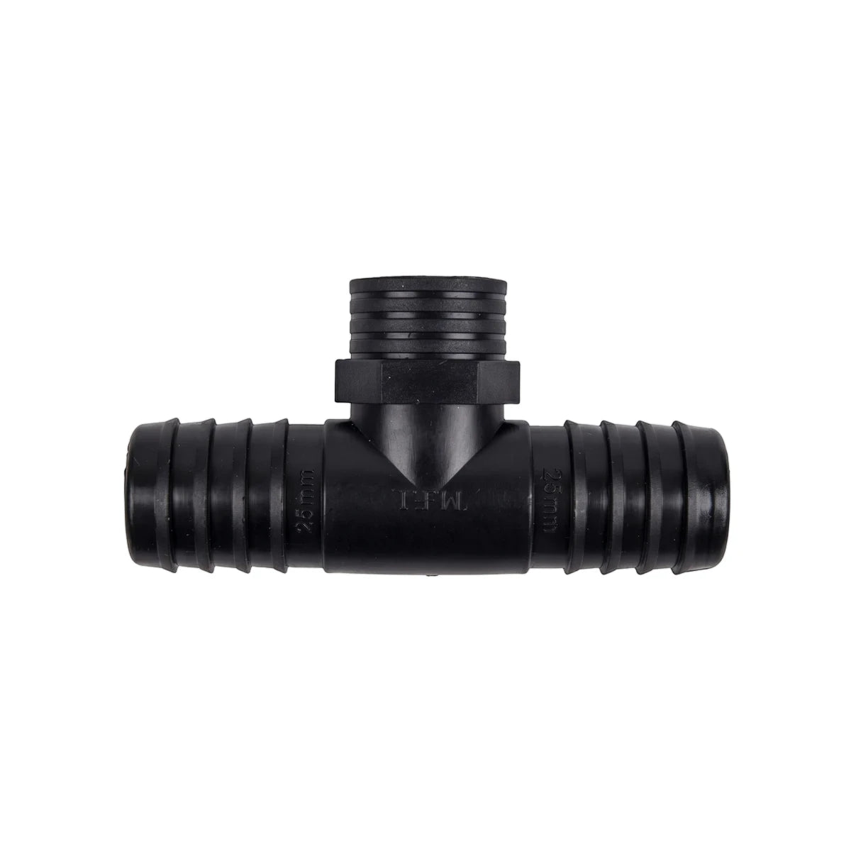 Black plastic irrigation tee connector with 25mm ribbed hose barb ends and a male threaded connection, viewed against a