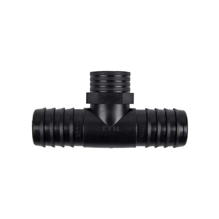 Black plastic irrigation tee connector with 25mm ribbed hose barb ends and a male threaded connection, viewed against a