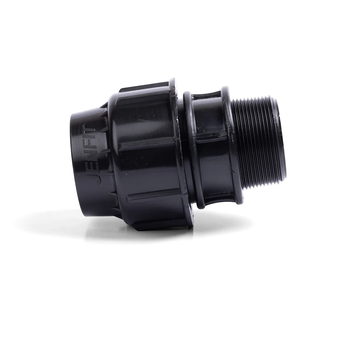 Black plastic Jenfit male adapter pipe fitting with a threaded end, suitable for connecting pipes.