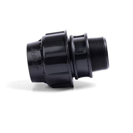Black plastic Jenfit male adapter pipe fitting with a threaded end, suitable for connecting pipes.