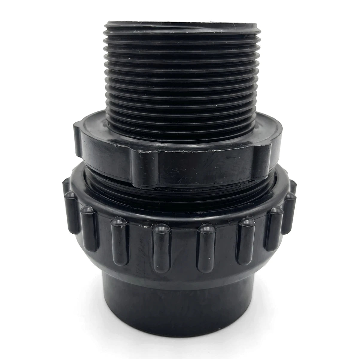 Black plastic male pool filter tank fitting with threaded top and ridged base, shown vertically.