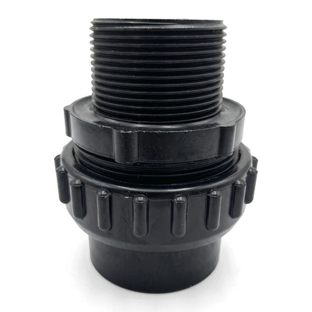 Black plastic male pool filter tank fitting with threaded top and ridged base, shown vertically.
