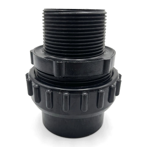 Black plastic male pool filter tank fitting with threaded top and ridged base, shown vertically.