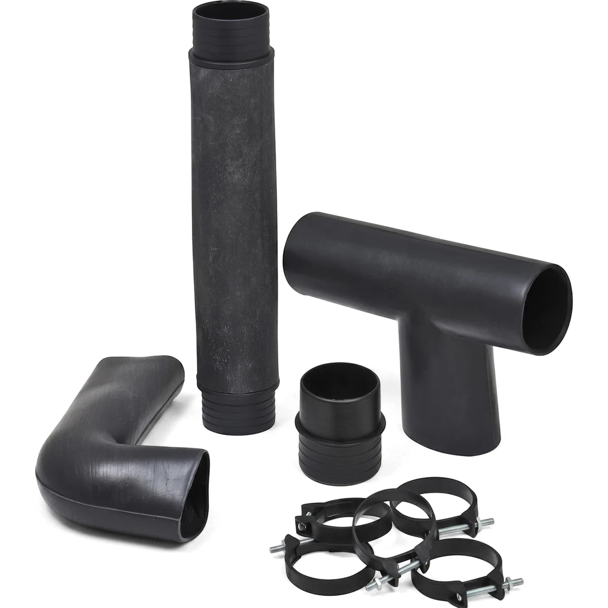 Black plastic wash trough trap kit components, including pipes, elbow, T-connector, reducer, and metal clamps, displayed.