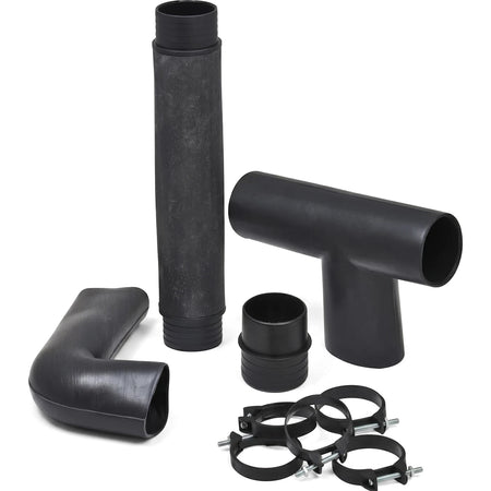 Black plastic wash trough trap kit components, including pipes, elbow, T-connector, reducer, and metal clamps, displayed.