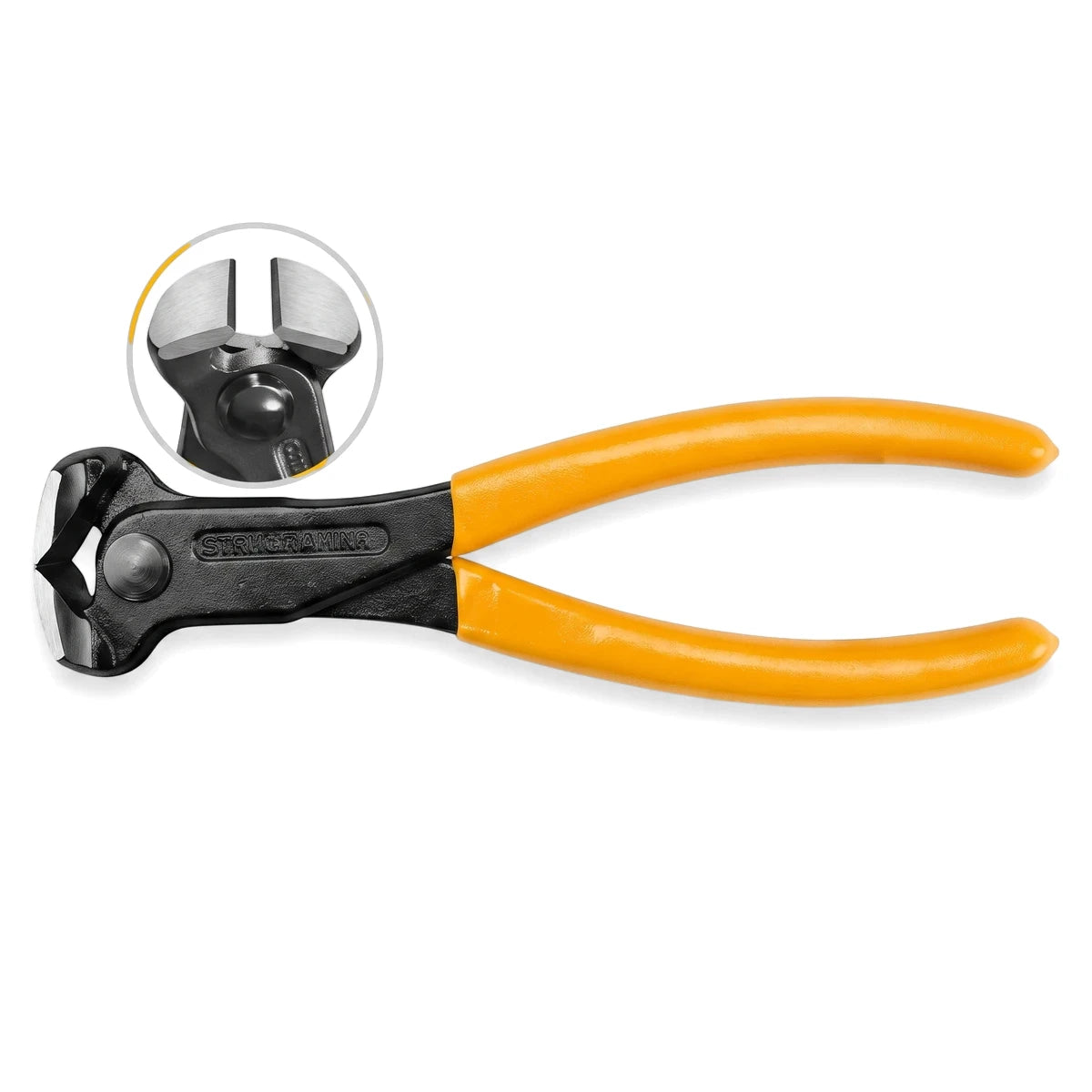 Black polished end cutter pliers with bright yellow handles, 180mm length, shown from a top-down view.