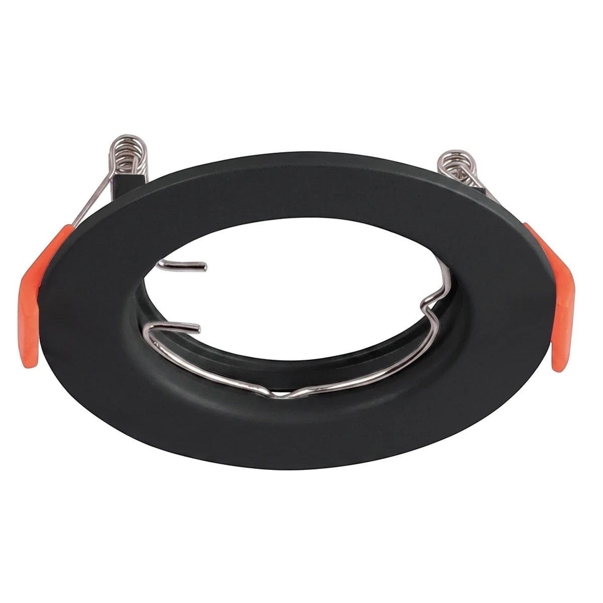 Black polycarbonate straight downlight fitting with orange clips and silver springs. An essential component for ceiling
