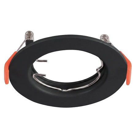 Black polycarbonate straight downlight fitting with orange clips and silver springs. An essential component for ceiling