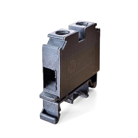 Black polymide interlockable terminal block with DIN rail mount, featuring two screw terminals for electrical connections.