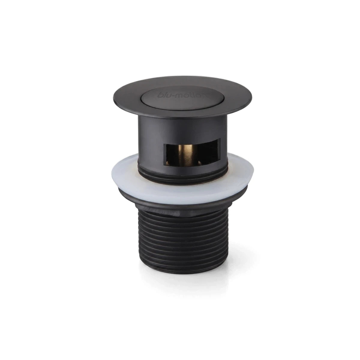Black pop-up slotted waste shower part featuring blu-motion branding and brass internal components.