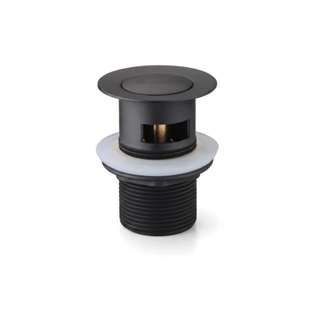 Black pop-up slotted waste shower part featuring blu-motion branding and brass internal components.