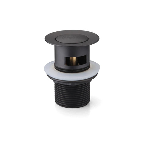 Black pop-up slotted waste shower part featuring blu-motion branding and brass internal components.