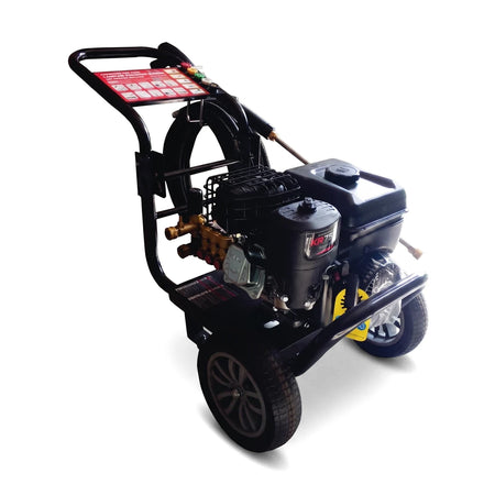 Black high-pressure washer, 2700-3000 PSI, with large wheels and a robust engine, angled view for home and commercial