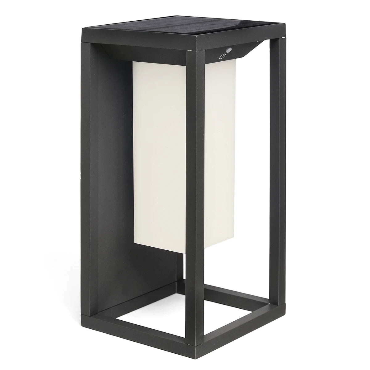 Black rectangular die cast aluminium outdoor LED solar light with a solar panel on top, shown from a slightly elevated angle.