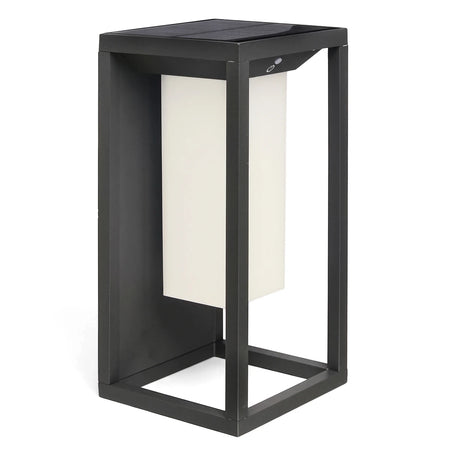 Black rectangular die cast aluminium outdoor LED solar light with a solar panel on top, shown from a slightly elevated angle.