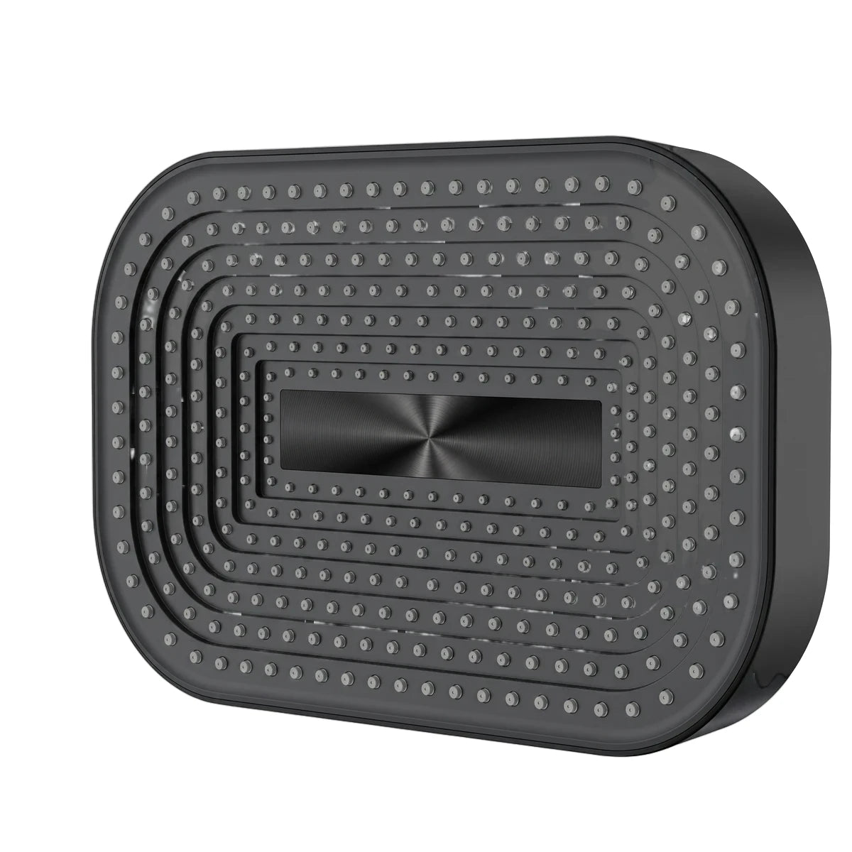 Rectangular black shower head with numerous circular nozzles and a brushed metallic central panel, viewed from an angle.